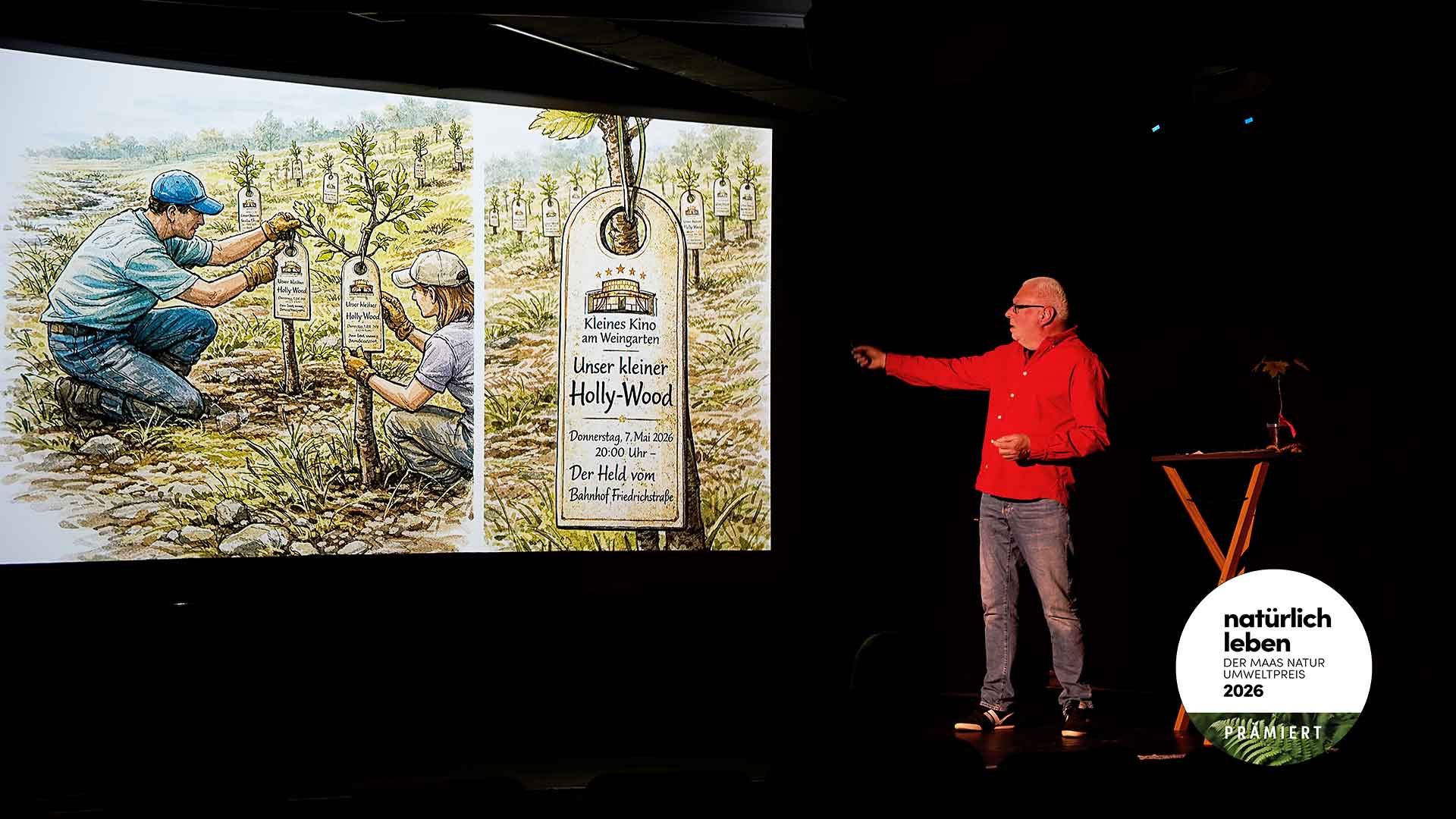 Konzeptentwickler Edgar Wilkening erläutert das Projekt "Unser kleiner Holly-Wood" bei der Umweltpreis-Gala zum Maas Natur Umweltpreis 2026