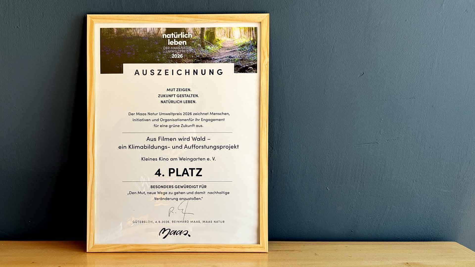 Urkunde des Maas Natur Umweltpreises "natürlich leben" 2026